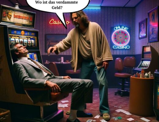 Illustration eines Spielers, der im Stil des Films 'The Big Lebowski' eine Rückerstattung von einem Casino-Anbieter verlangt